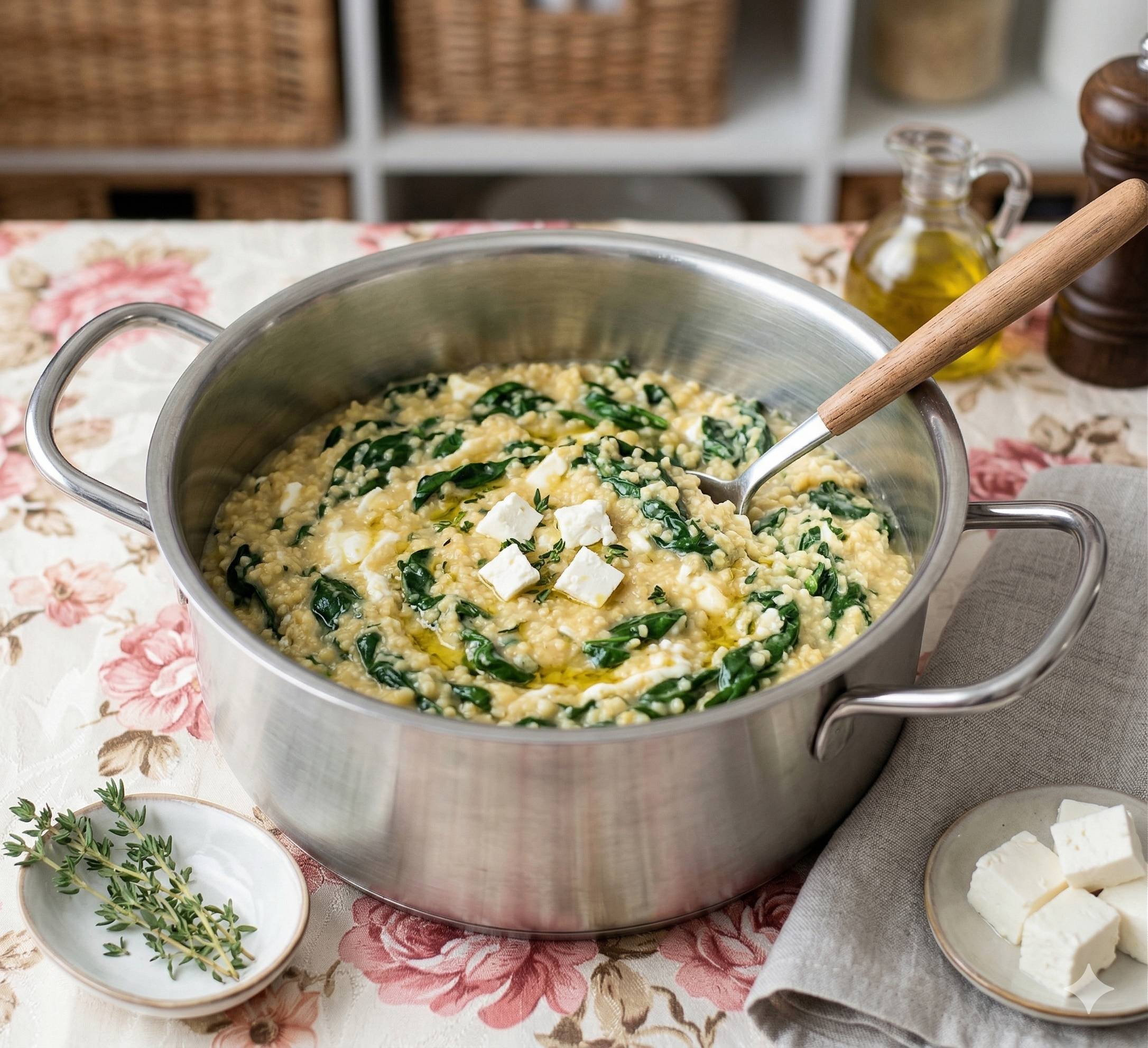 Revived Creamy Toasted Millet Polenta with spinach and cheese